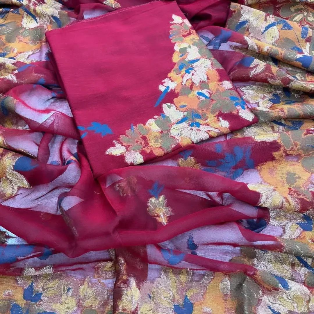 Premium Quality pure silk Branded 3 pics unstitched suit with Kani weaving._