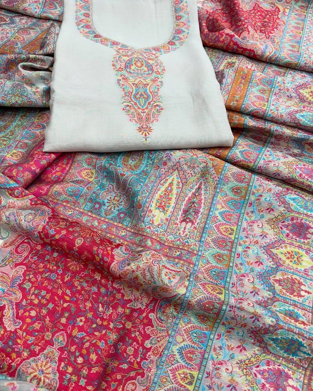 Bridal pure silk Kani weaving 3pcs unstitched suits.