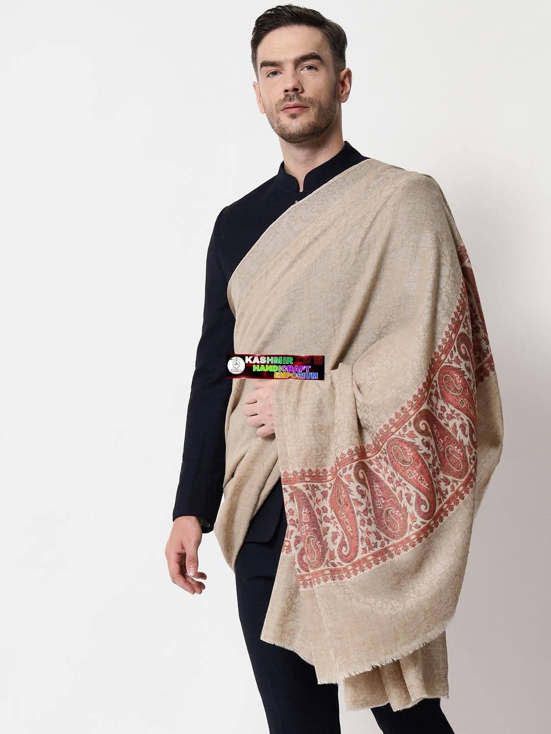 Men Extra Fine & nbsp; shawl, Ethnic Kani Palla design, Beige...
