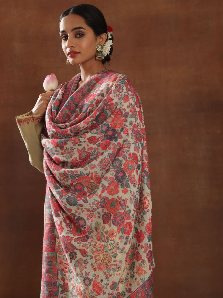 Phooldar Kani Shawl with Zari – White Multi