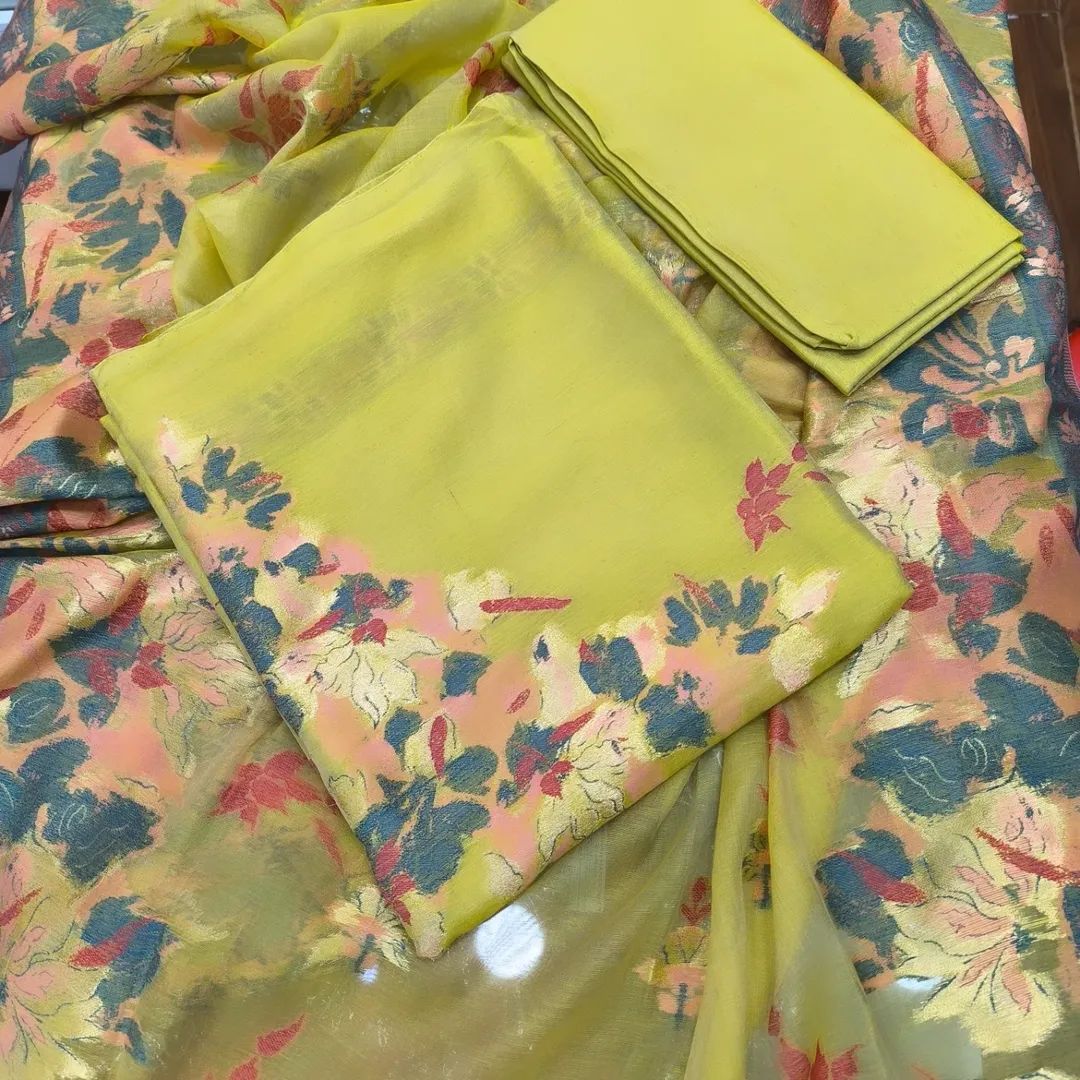 Premium Quality pure silk Branded 3 pics unstitched suit with Kani weaving._