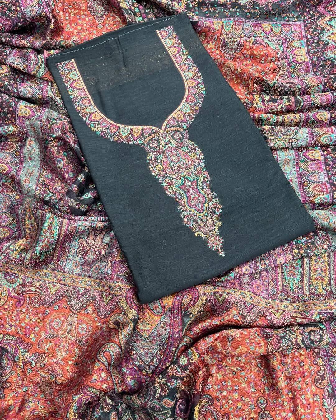 Bridal pure silk Kani weaving 3pcs unstitched suits.