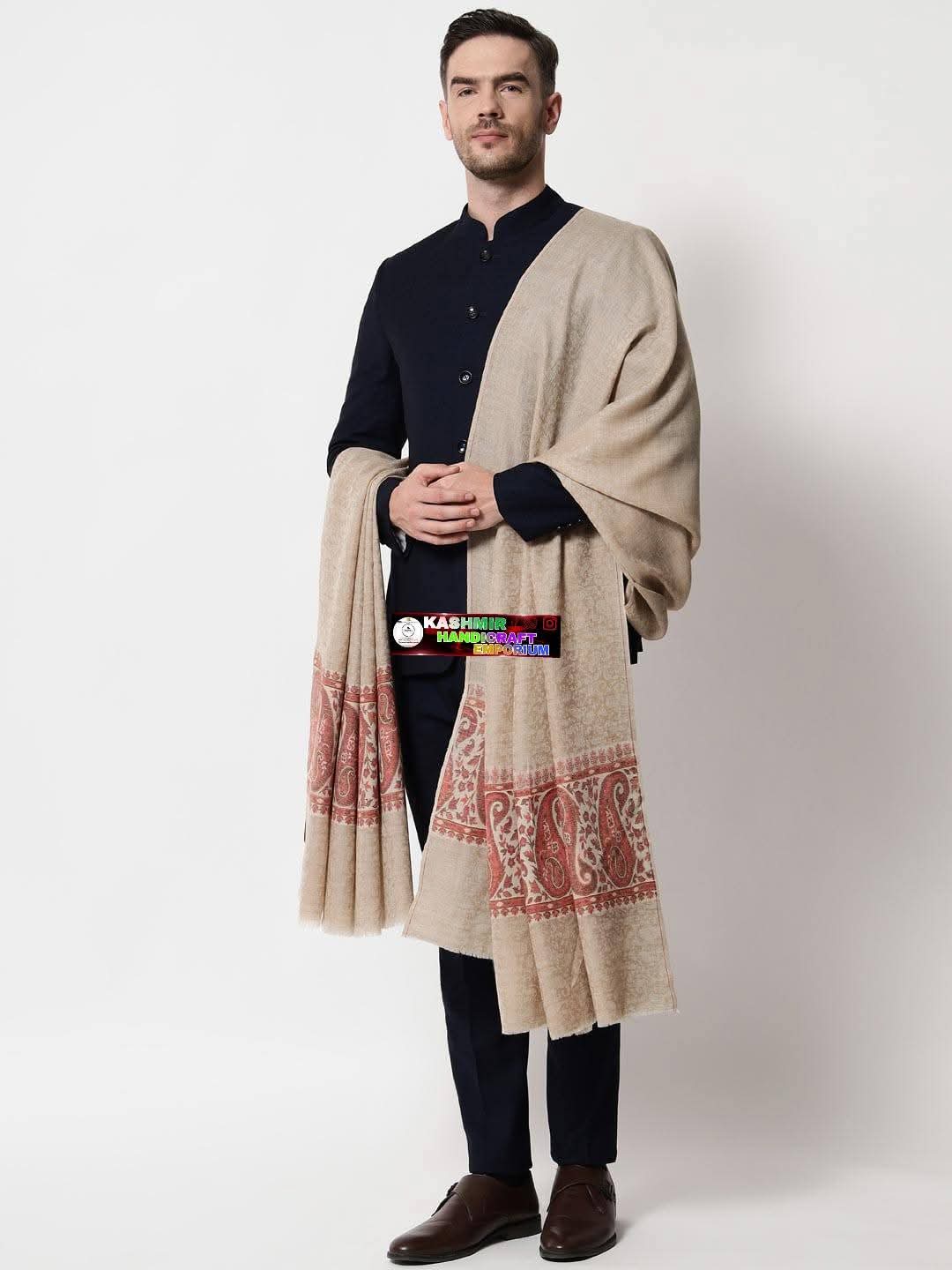Men Extra Fine & nbsp; shawl, Ethnic Kani Palla design, Beige...