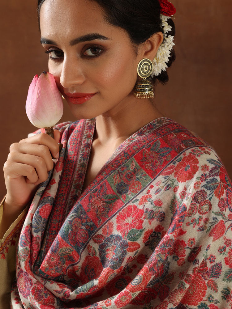 Phooldar Kani Shawl with Zari – White Multi